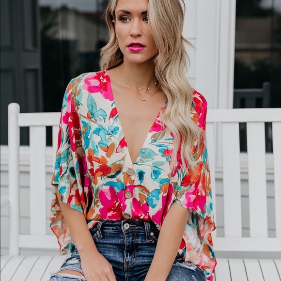In Bloom Multicolored Floral Button Front Blouse - Picture 4 of 6